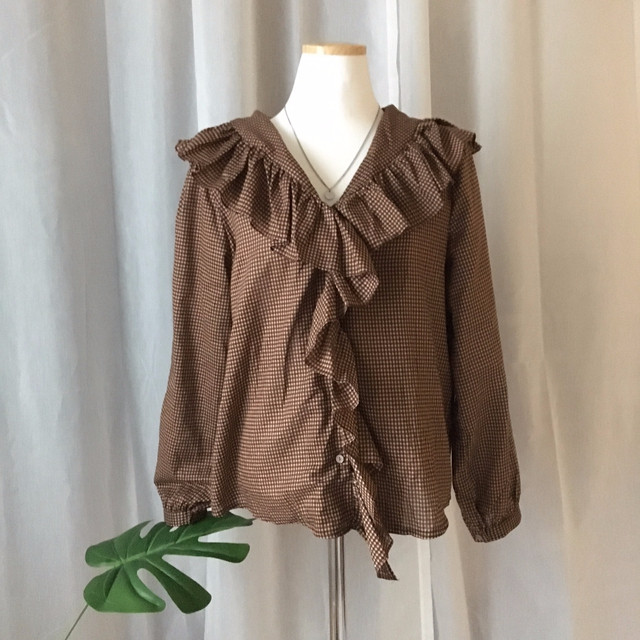 Women Blouses Waffle Lace Check Fall V Neck Blouse