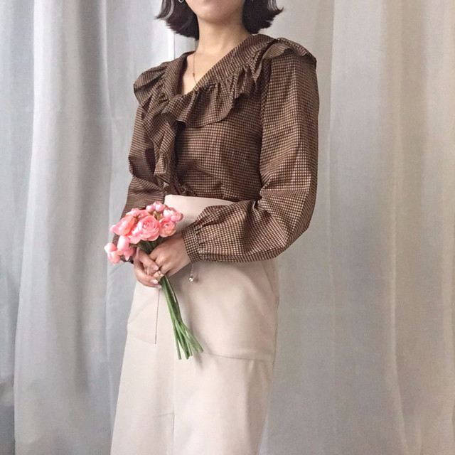 Women Blouses Waffle Lace Check Fall V Neck Blouse