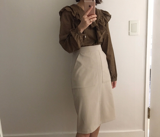 Women Blouses Waffle Lace Check Fall V Neck Blouse