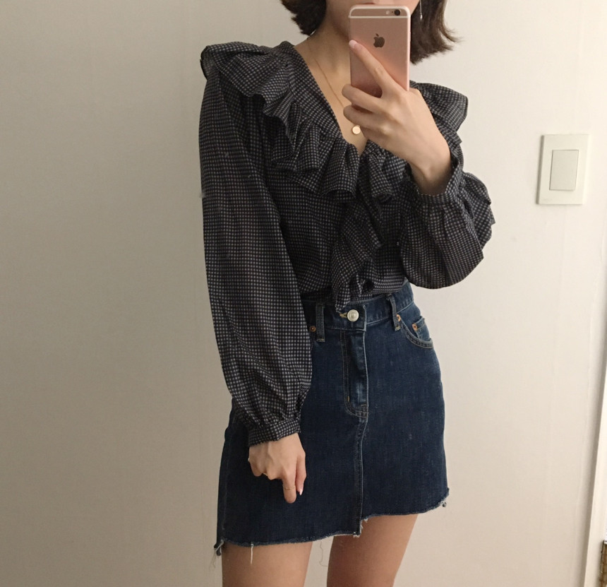 Women Blouses Waffle Lace Check Fall V Neck Blouse