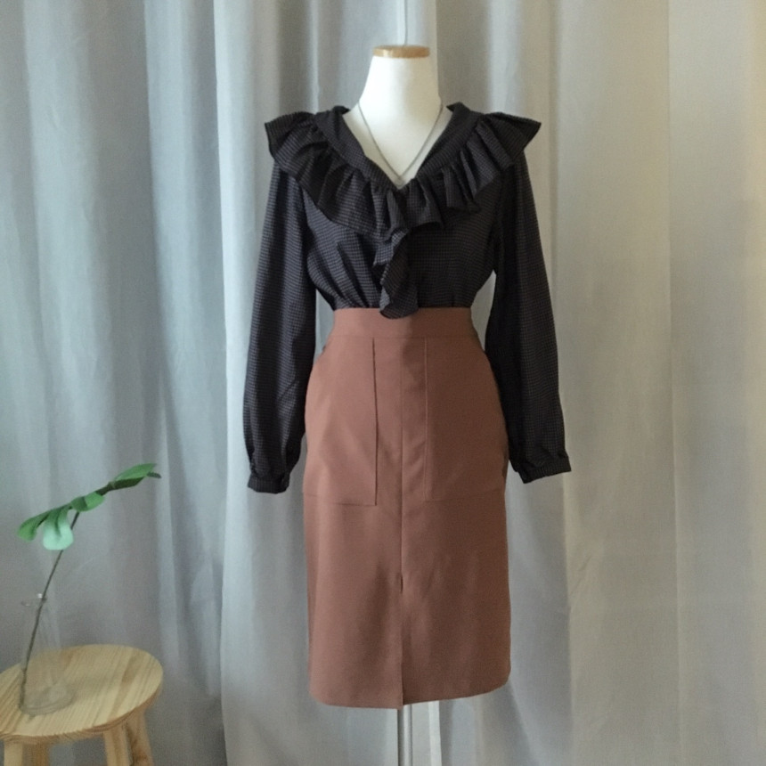 Women Blouses Waffle Lace Check Fall V Neck Blouse