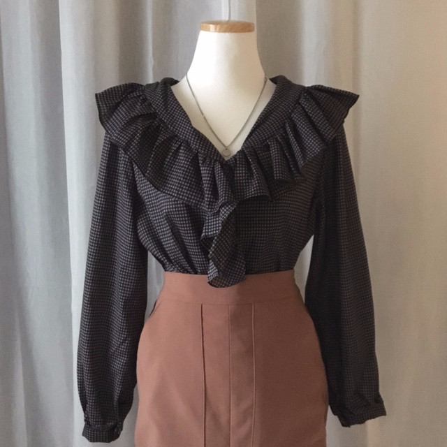 Women Blouses Waffle Lace Check Fall V Neck Blouse