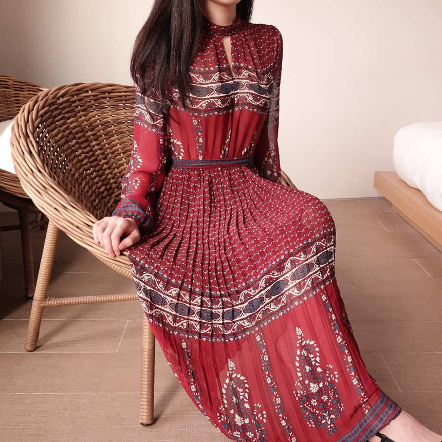 New Women Dress mood antique flower pattern autumn