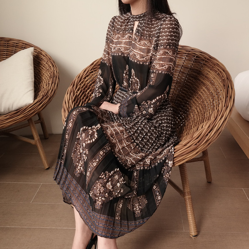 New Women Dress mood antique flower pattern autumn