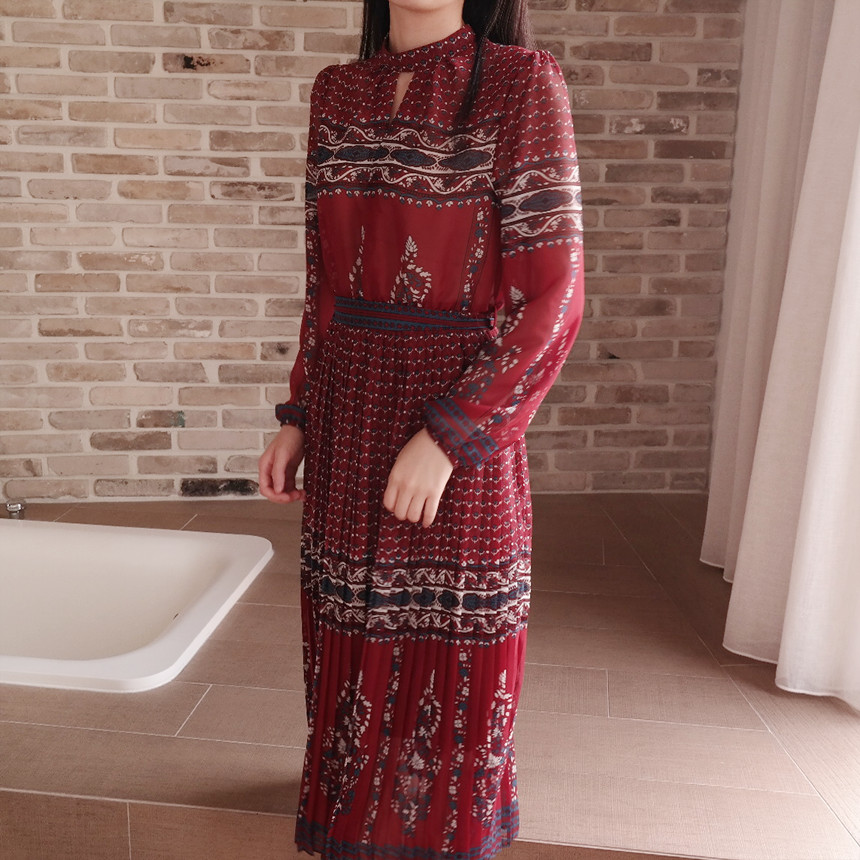New Women Dress mood antique flower pattern autumn