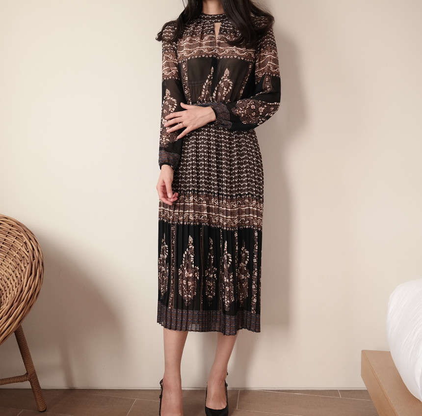New Women Dress mood antique flower pattern autumn