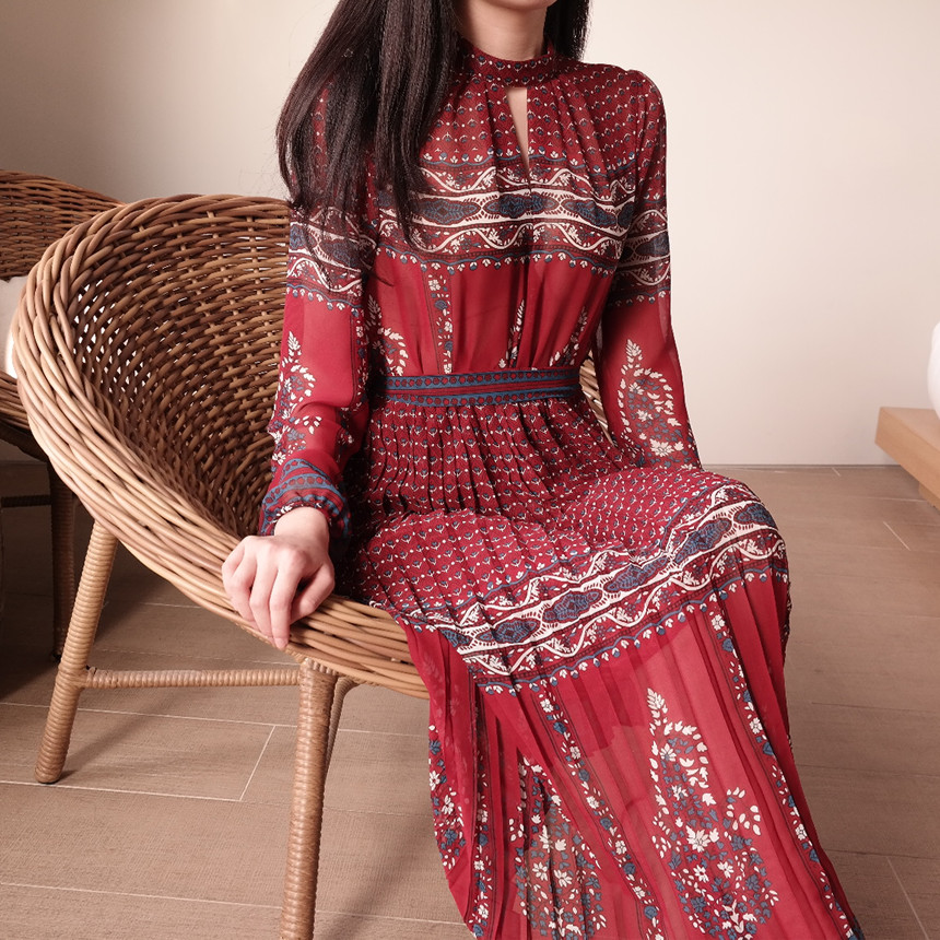 New Women Dress mood antique flower pattern autumn