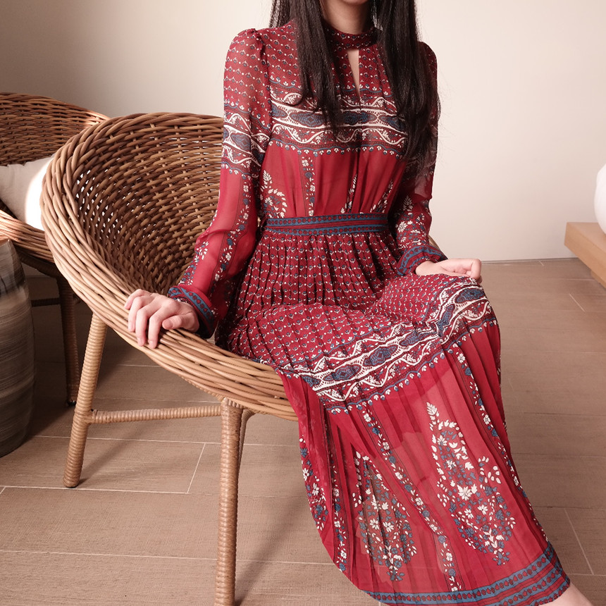 New Women Dress mood antique flower pattern autumn