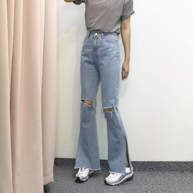 대박 핏 구제 옆트임 연청 롱 부츠컷 하이웨스트 청바지 : 나쇼중