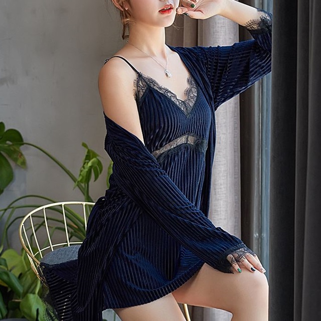 부드러운 벨벳 섹시 슬립 가운 세트 (M~XL) : 뷰티앤드