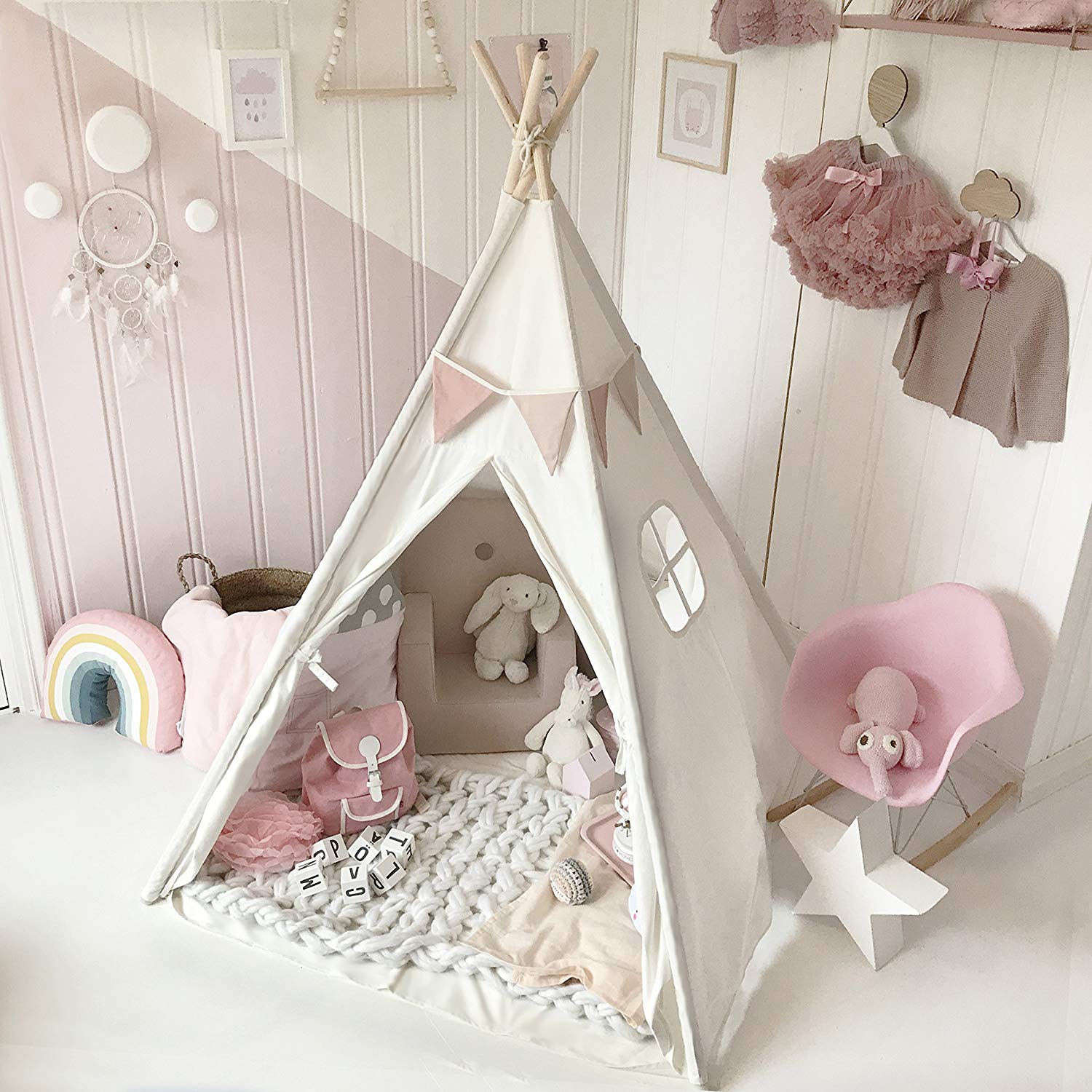 토지 아이 Teepee 텐트 아이들은 실내 옥외를위한 매트  캐리 케이스를 가진 천막을, 5 익지 않는 백색 화포 Teepee Tiny Land : 해피웰빙