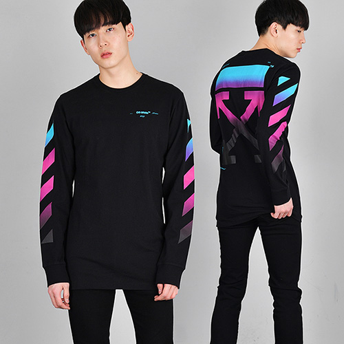 [럭스앤홀릭] 오프화이트 DIAGONALS 멀티칼라 긴팔 티셔츠(블랙) OMAB001F18185005 1088 18F : 럭스앤홀릭