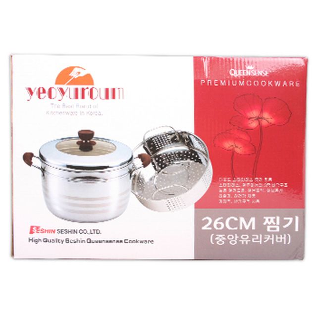 퀸센스 중앙유리커버 스텐찜기(26cm)/스팀찜기 찜솥 찜냄비 스텐찜기 2단찜기 : 스카이리더