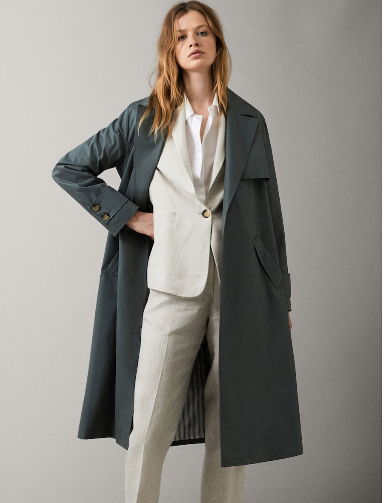 마시모두띠 카키 벨티드 코튼 트렌치 코트 MASSIMO DUTTI COTTON TRENCH COAT WITH BELT PALE KHAKI : AT SSONG