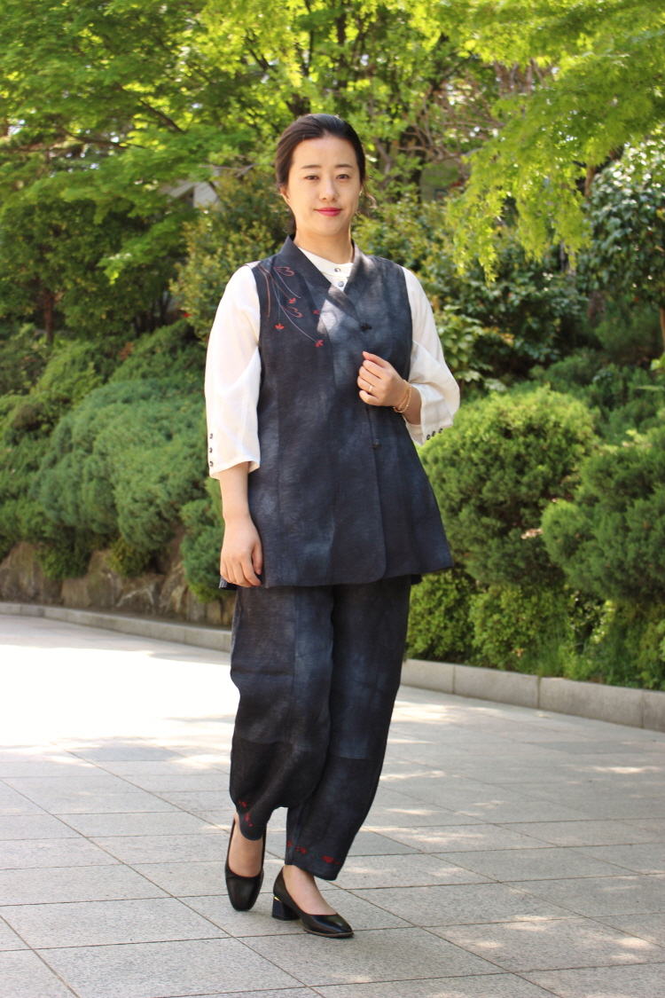 여자생활한복 인견꽃자수 롱조끼바지세트 석가탄신일 개량한복 법복 절복 데일리한복 여름한복 인견 선물 시원한 여름외출복 : 단미달콤