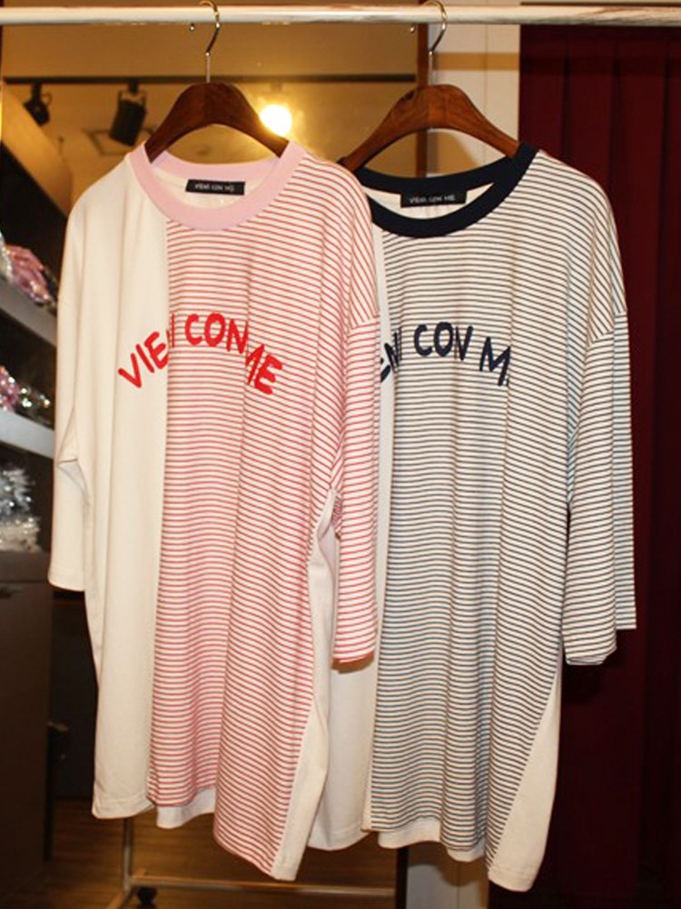 비에니꼰메 2017 VIENI CON ME T-SHIRT 2 COLOR 7부 줄무늬 패치워크 티셔츠 : 비에니꼰메