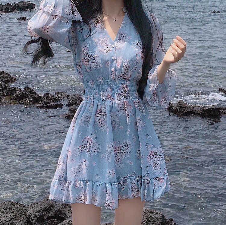 데이지 프릴 스모크 밴딩 쉬폰 미니 잔꽃 플라워 원피스 아이 핑크 소라 데이트룩 하객룩 봄 여름 : 반하다.J