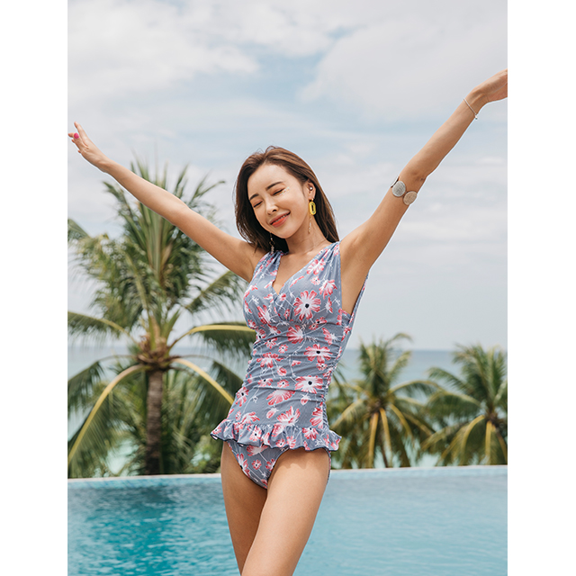 러브 플라워 프린트 셔링 원피스 모노키니 : 제니비키
