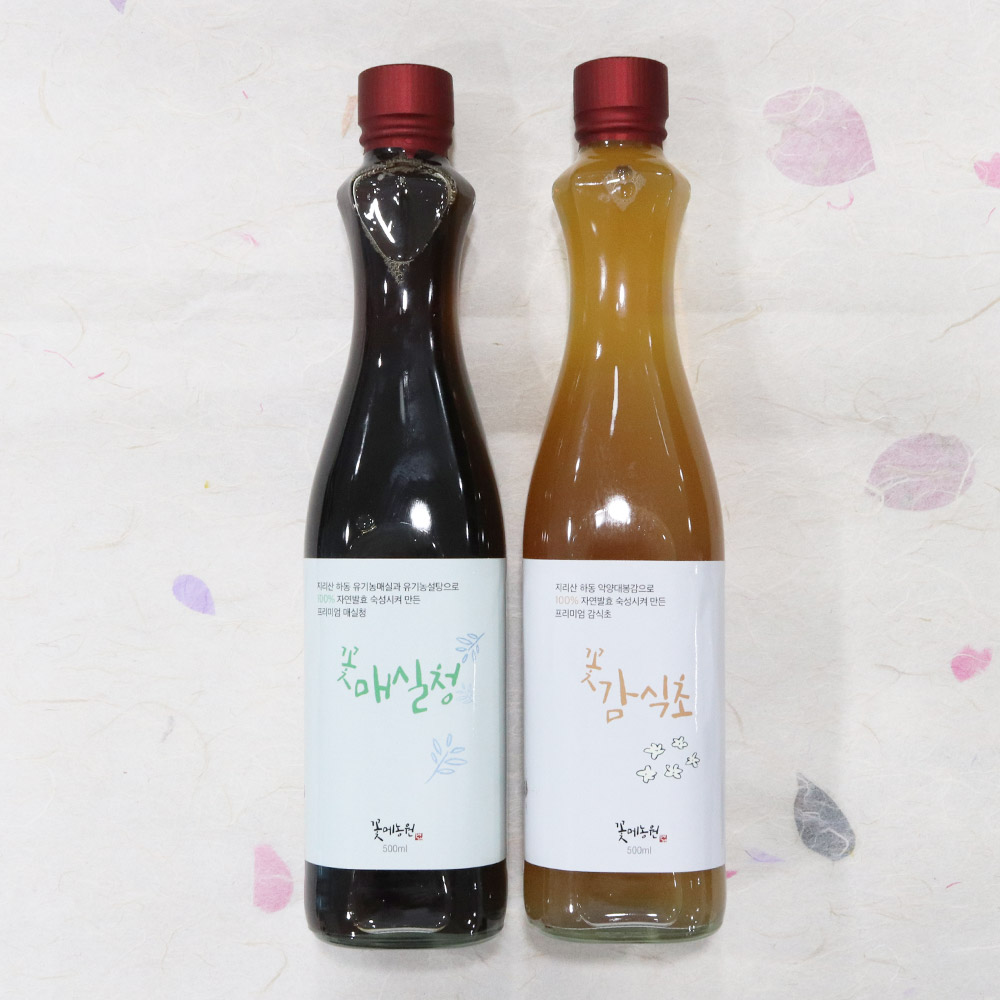 경남 하동 꽃메농원 자연발효 매실청 감식초 선물세트 500ml(2병) : 마켓베이