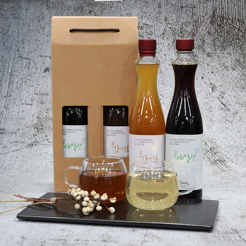 경남 하동 꽃메농원 자연발효 매실청 감식초 선물세트 500ml(2병) : 마켓베이