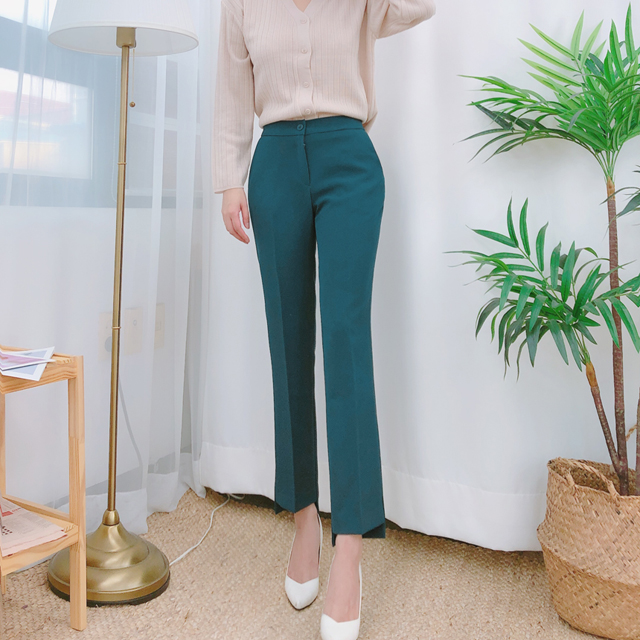 오피스 데일리 언발 옆트임 일자 슬림핏 슬랙스 (청록 카멜 블랙) : 만자린다