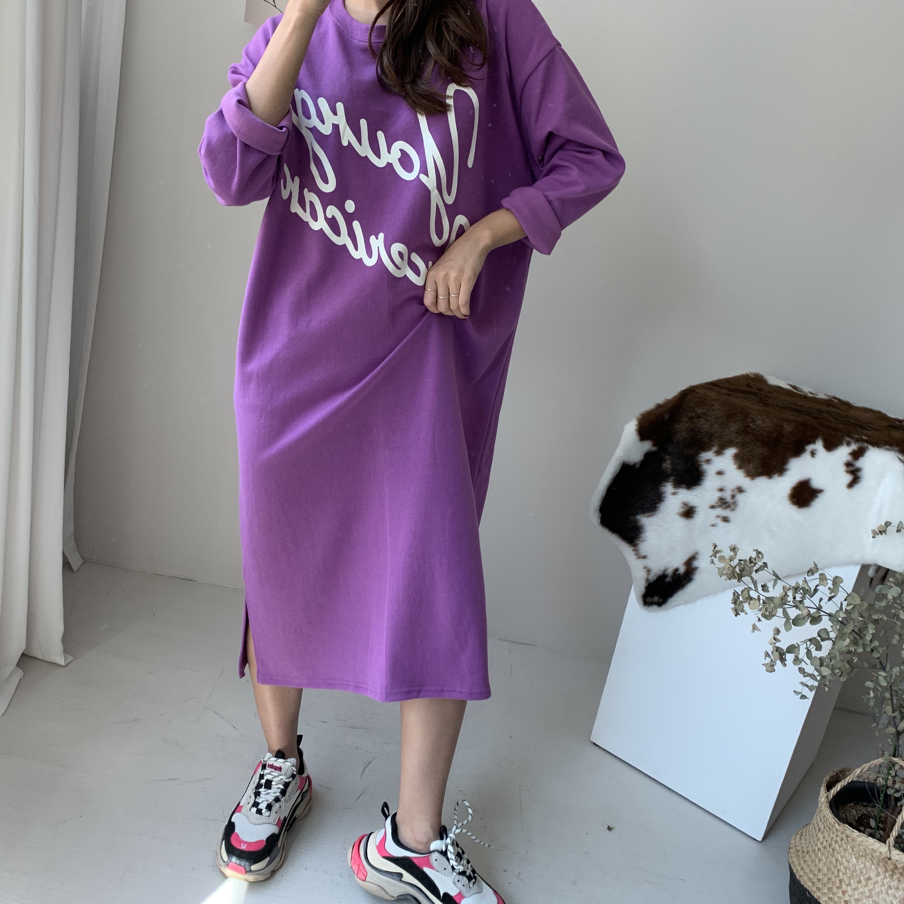 빅영 캐쥬얼 롱원피스 가을 긴팔 면원피스 빅사이즈 롱티셔츠 맨투맨 루즈핏 레터링 이지웨어 : 비모먼트