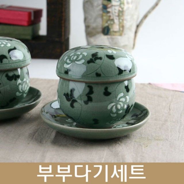 청자 당초문 뚜껑 부부 다기세트(2인구성) : OK1컴퍼니