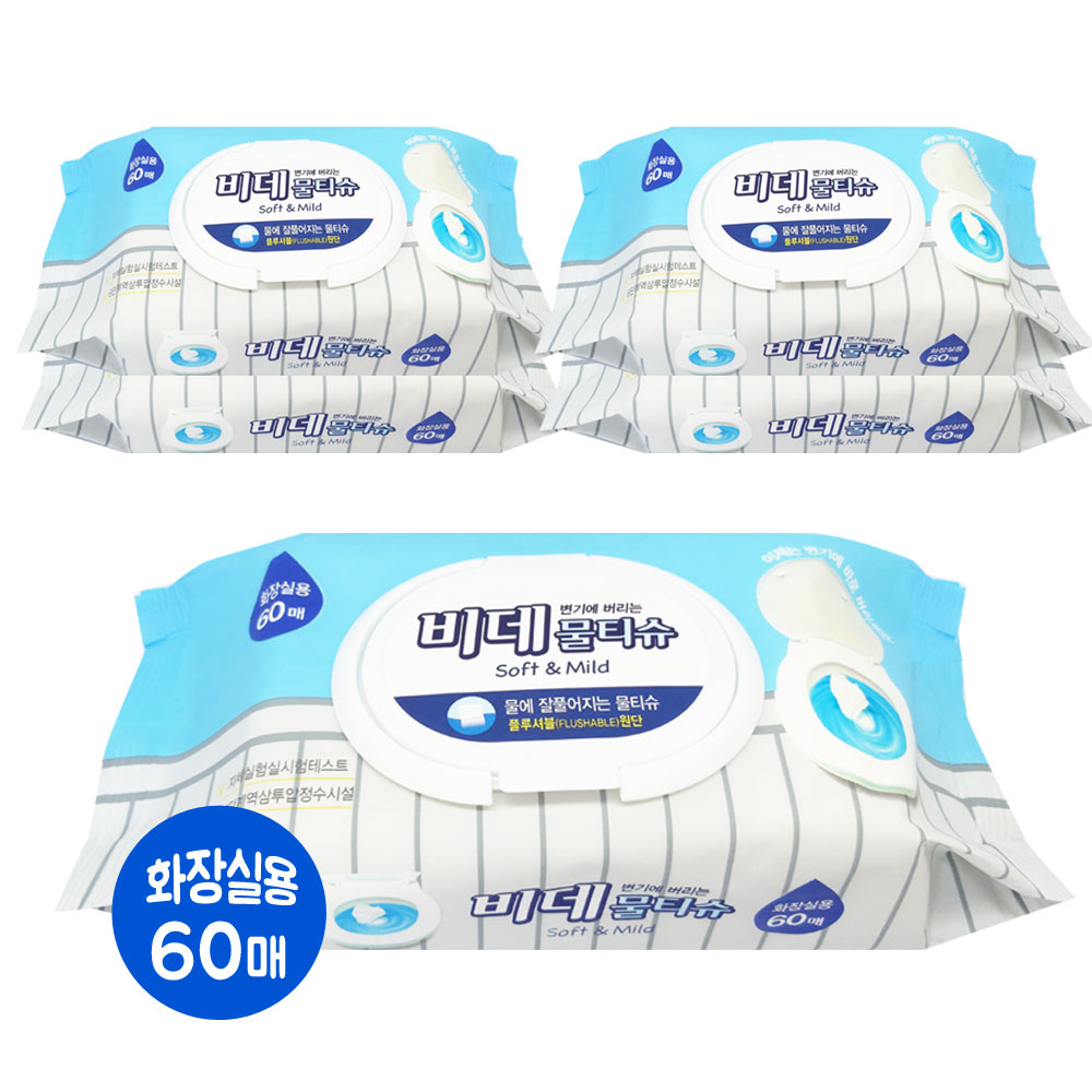변기에 바로 버리는 샤인 비데물티슈 60매, 5개 : SP유통