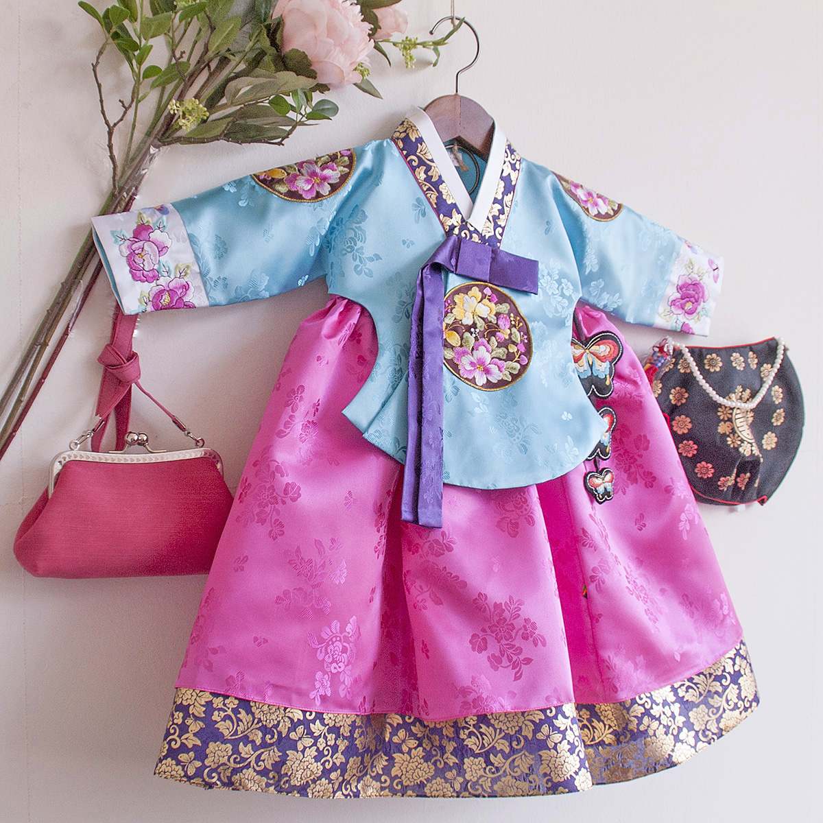 꽃과나비 금박 당의 여아 한복 -하늘색 (1호-15호)돌 아기 유아 아동 주니어 잔치 : 루아한복