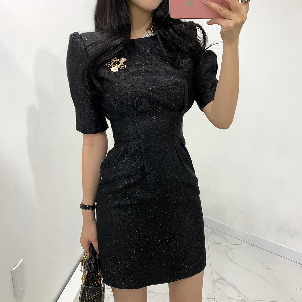 뷰티 펄 반팔 고급스러운 파티 파티룩 핀턱원피스 : 베이시코