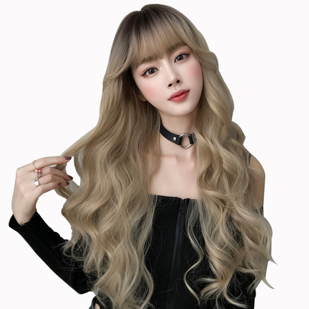 더끌림 긴머리 웨이브 헤어 패션 투톤 컬러 여성 통 가발 세트상품 : 가발위드