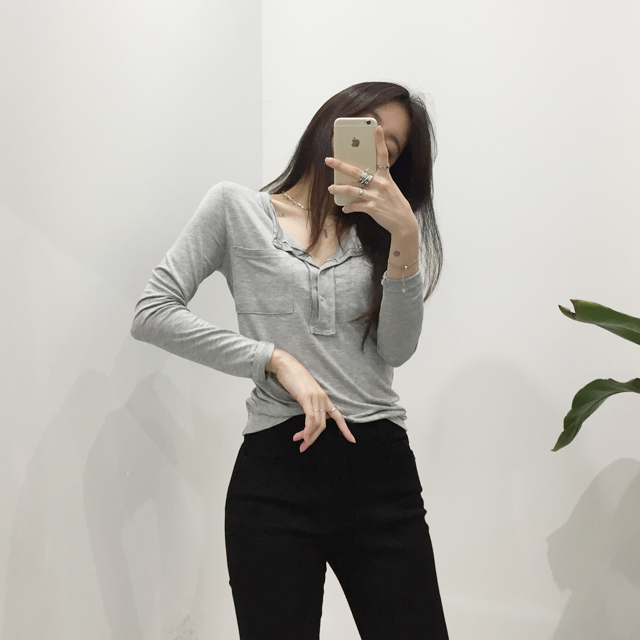 쉐링 또또단추 반오프 무지 스판 긴팔 티셔츠 : 언니느낌