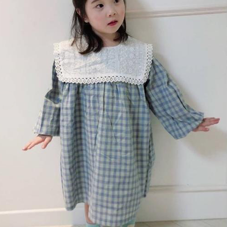 면체크 사각레이스카라장식 블루 연그린  여아박시원피스 : 살루통