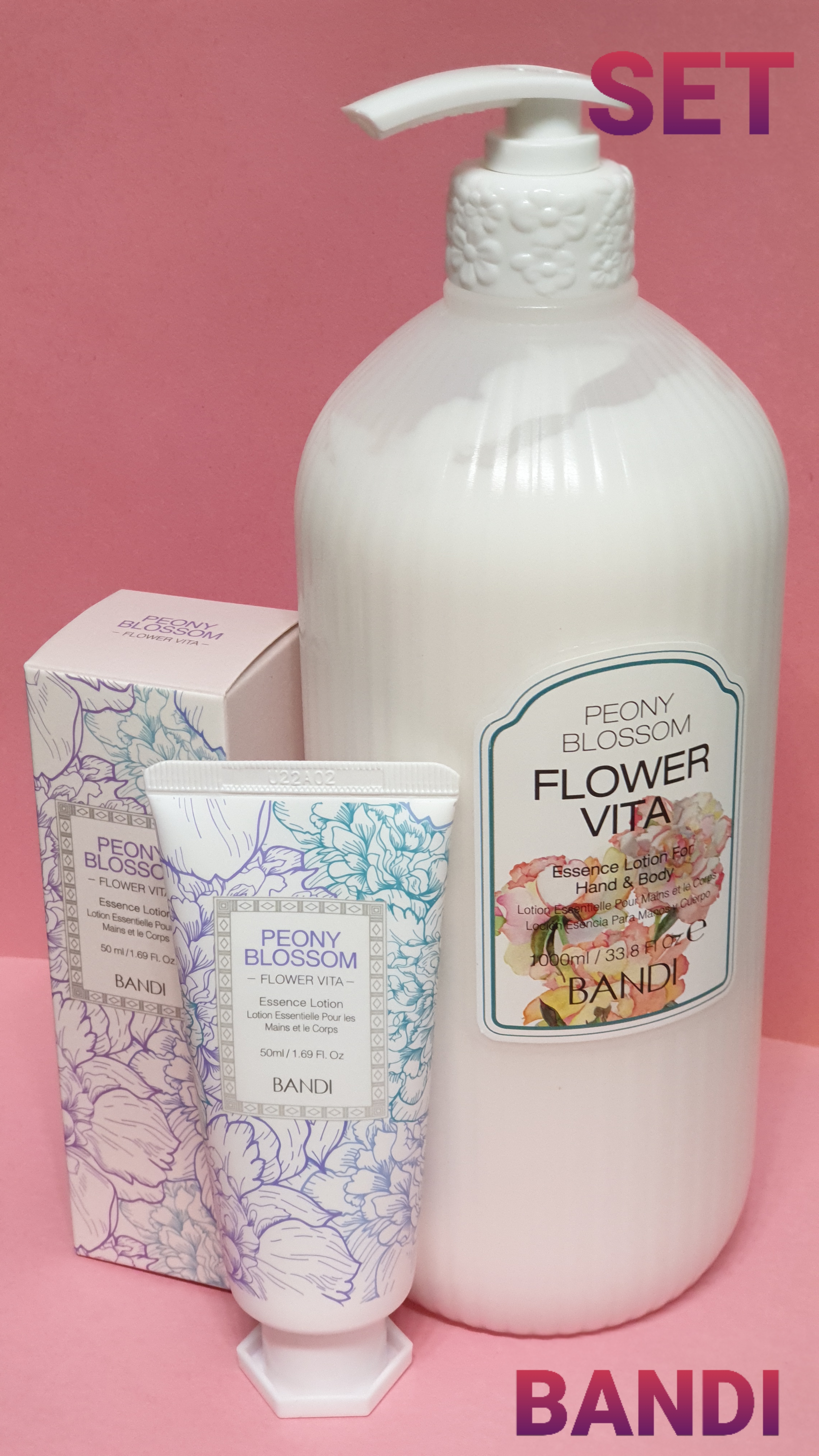 [set] 반디 플라워 비타 에센스 로션 피오니 블라썸  바디 & 핸드 크림 1000ml + 50ml : 호주멜토