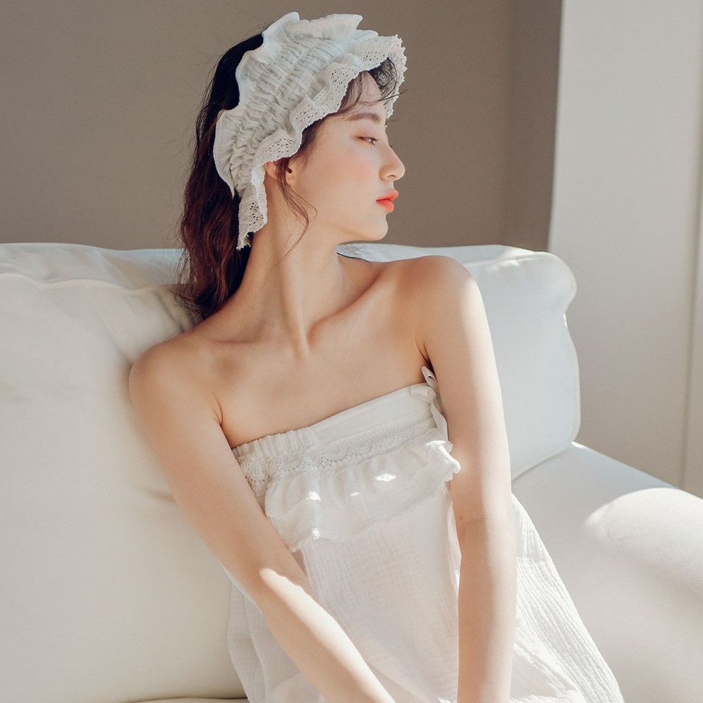 수플레 여성골프가운 순면 랩 호텔 목욕 샤워가운 헤어밴드 아이보리 네이비 : LILYHOME