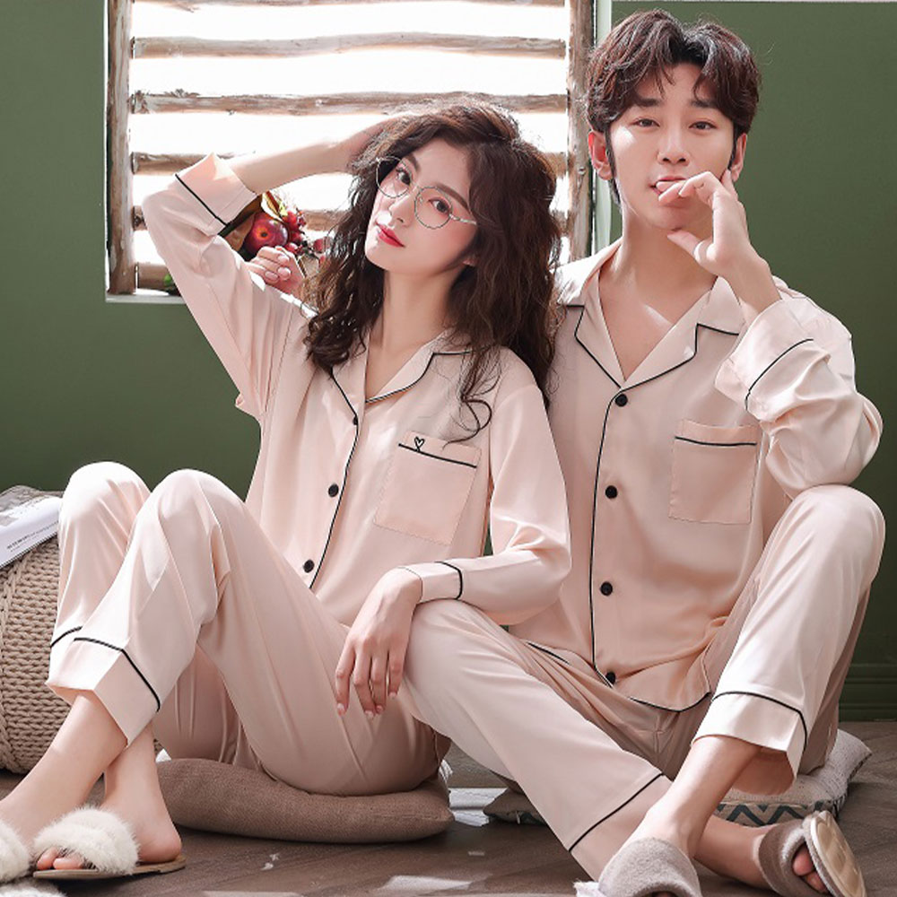 5color 무지 커플 실크 잠옷 신혼 파자마 세트 홈웨어 선물 빅사이즈 가능 : 릴리앤로사