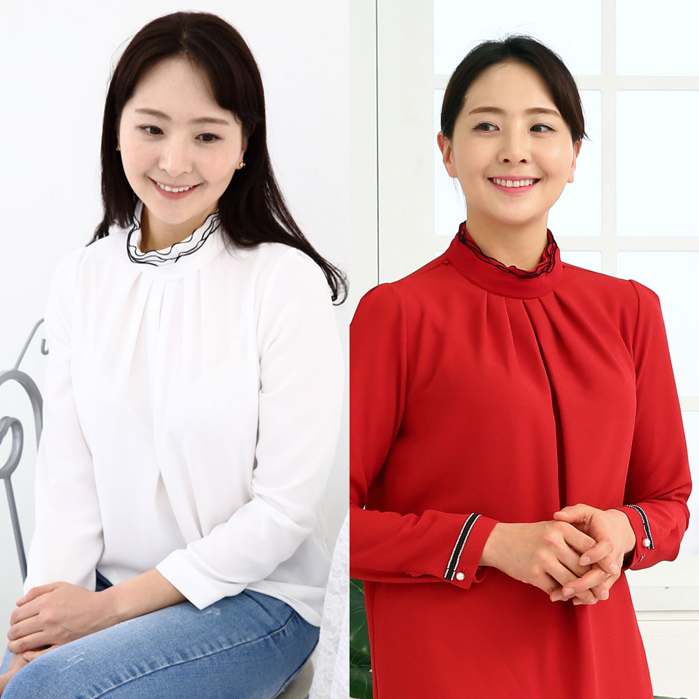 [로맨틱JK] 블랙라인 하이넥 핀턱 셔닝 블라우스 (화이트 / 레드) : 로맨틱J.K