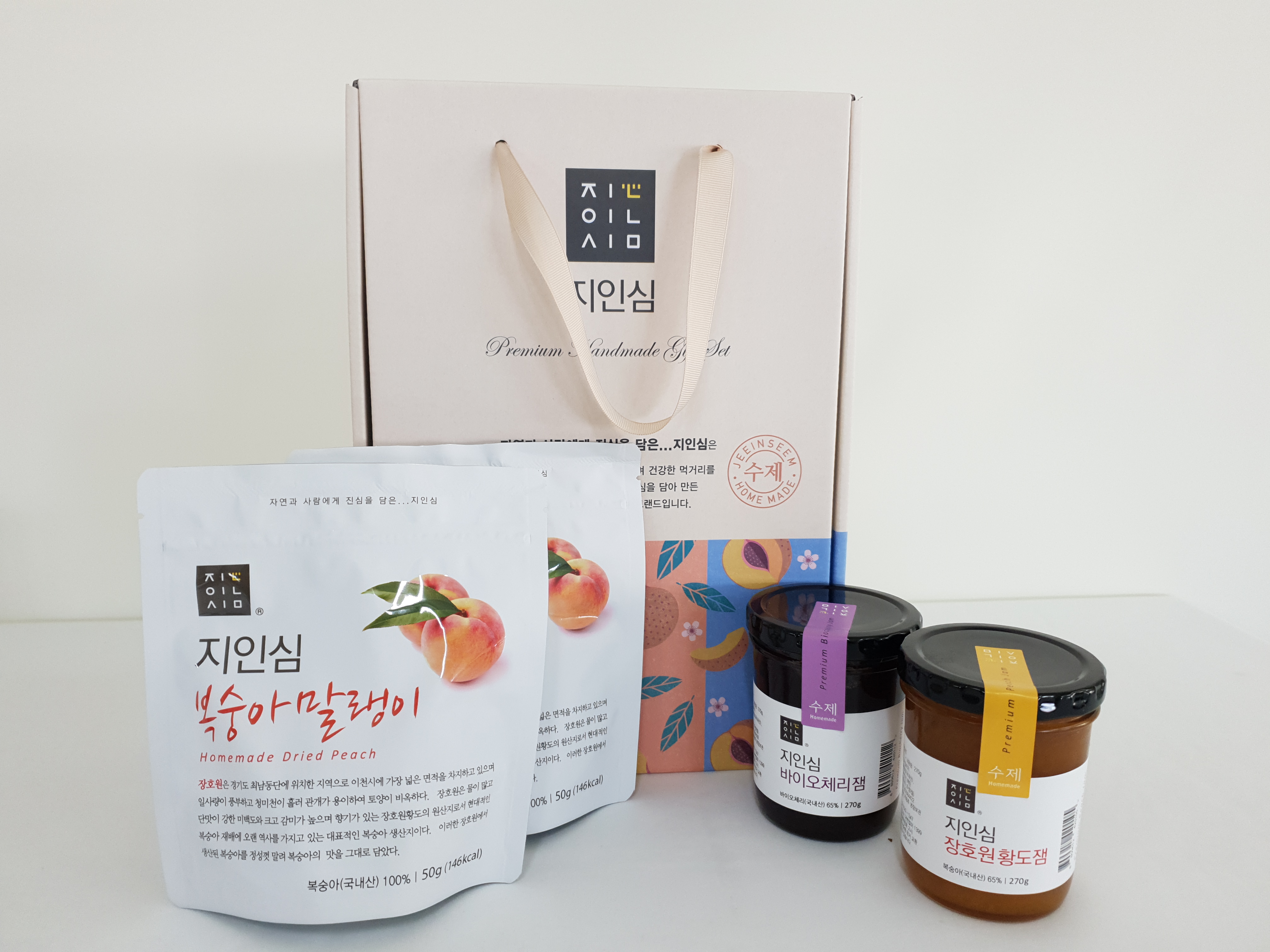 지인심 프리미엄 혼합 답례품 선물세트 2호 (장호원 황도잼,바이오체리잼,복숭아말랭이2EA) : 풍원팜-지인심