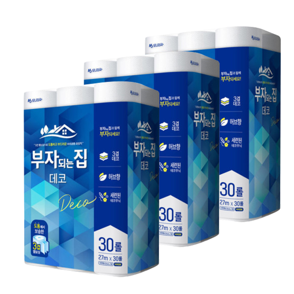 부자되는집 3겹 데코 30롤 x 3팩 27M/90롤 휴지 : 경인장갑