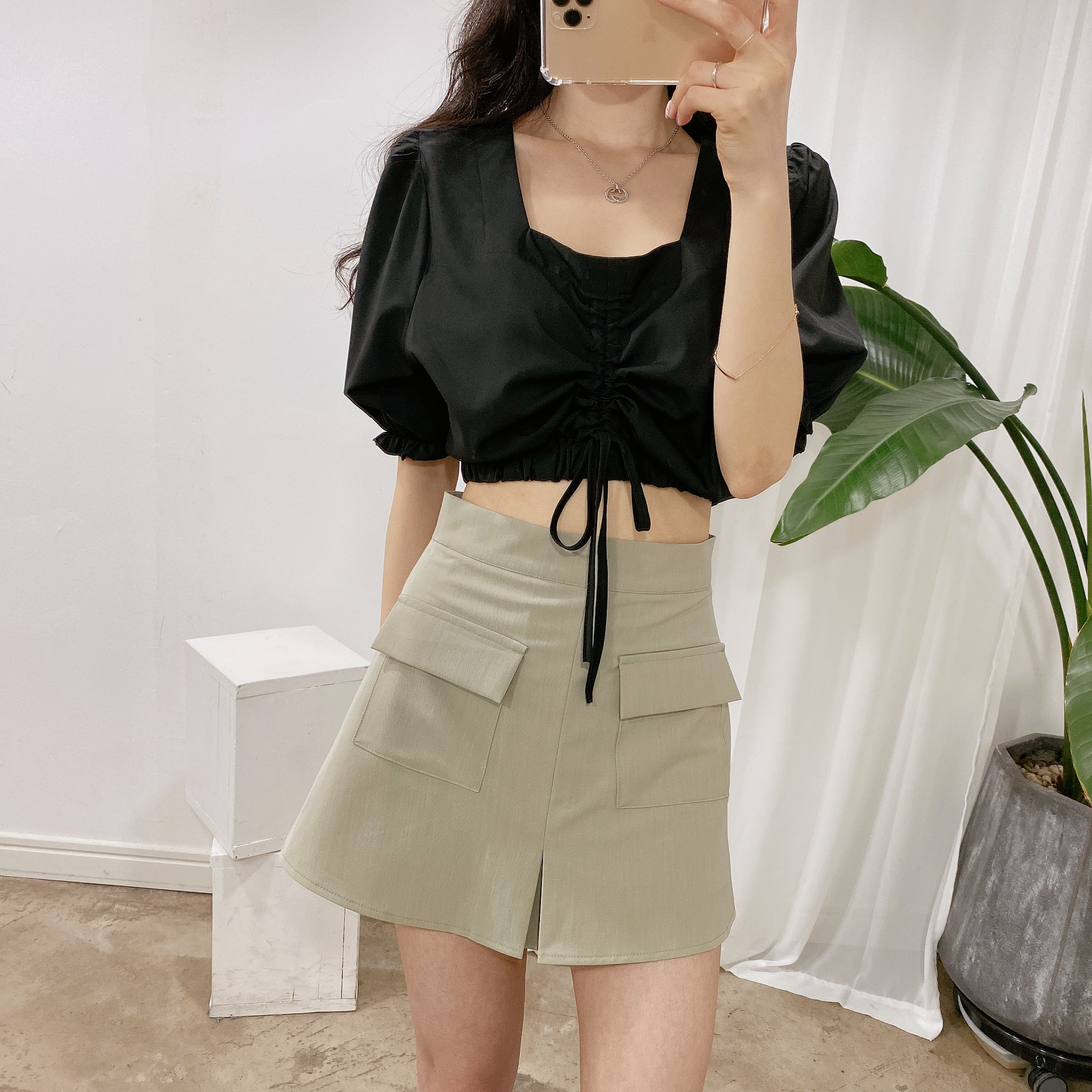 무료배송 재진행 스퀘어 셔링 스트랩 크롭 블라우스 4color : 드미엘Demiel