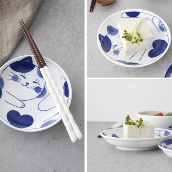 일본 헨느 블루네코 야옹이 찬기 어린이 그릇 도자기 접시 13.4cm : 자카샵