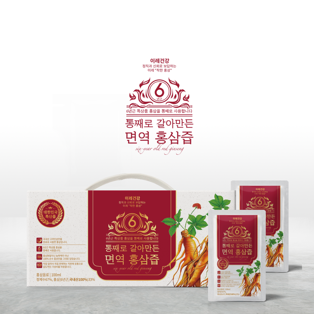 [이레건강식품] 통째로 갈아만든 면역 홍삼즙 / 6년근 국내산 / 100ml x 30포 : 이레건강식품