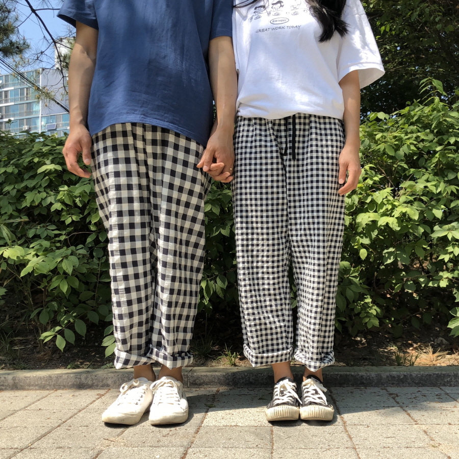 데일리체크 9부 남여공용 잠옷바지 파자마 커플 실내복 2XL 빅사이즈 홈웨어 : 더블톤