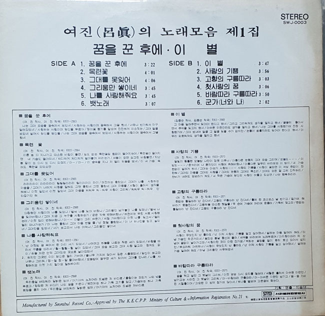 (LP)여진/꿈을 꾼후에(여진 1집 1983) : LP레코드