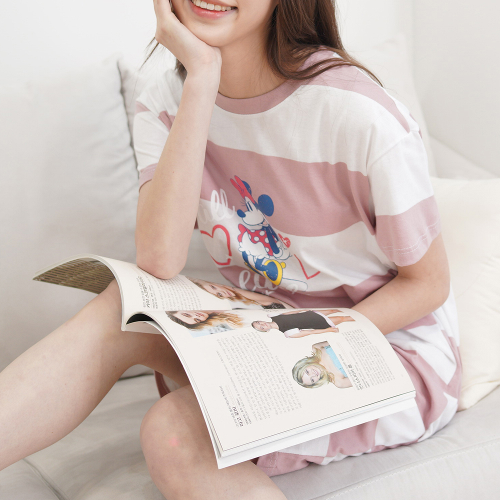 여자 홈웨어 잠옷 반팔 스트라이프 미니마우스 원피스 : 유라피네