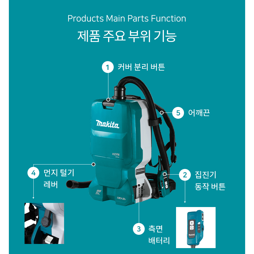 마끼다 헤파필터 36V 충전식 무선 배낭 진공청소기 DVC665Z 본체 : 호남톱공구