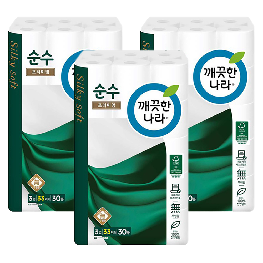 2020 New 깨끗한나라 프리미엄 순수 3겹 33m 30롤 X 3팩 총90롤 : 제이제이shop