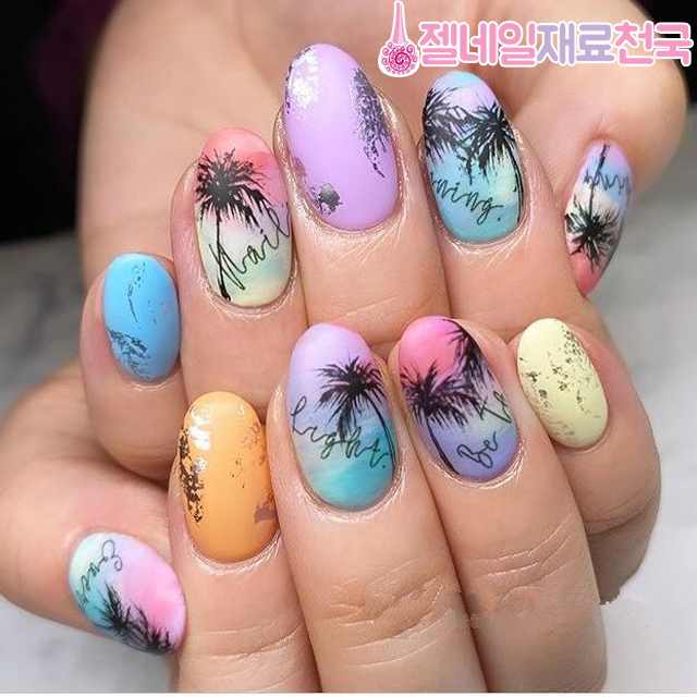 여름 블랙 야자수 해변 네일스티커 : 젤네일재료천국