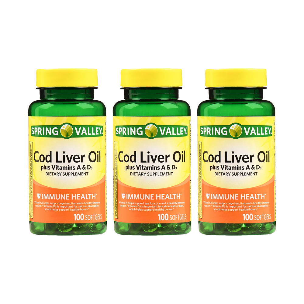 스프링밸리 코드리버 오일 비타민A D 100정 3병 Spring Valley Cod Liver Oil Vitamin A D Softgels : 퍼스트피스