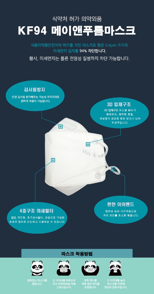 푸룸 KF94 황사 미세먼지 코로나 바이러스차단 덴탈 마스크 국산 (1박스 100매) : 드레곤 몰
